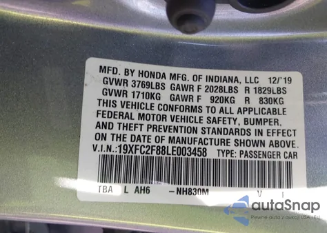 2020 Honda Civic Sport from USA, damaged, VIN 19XFC2F88LE003458